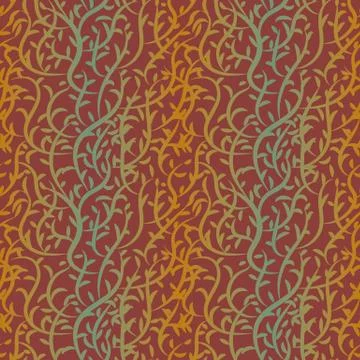 Seamless vector striped pattern with rust and teal colored branches and leaves Illustrazione stock
