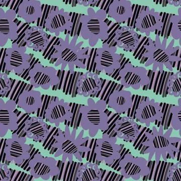 Seamless vector striped purple pattern with simple floral shapes Stock Illustration