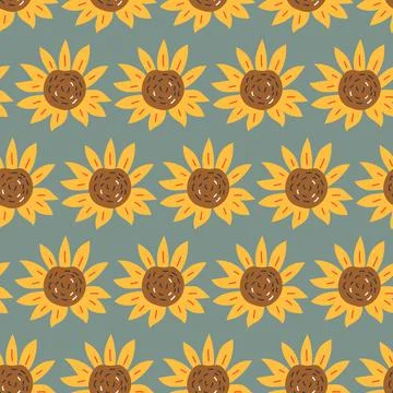 Seamless vector Sunflower Flowers Pattern on dark blue background, hand drawn イラスト素材