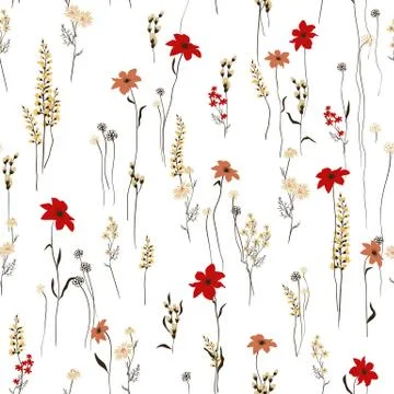 Seamless vector texture. Retro wild flower pattern in the many kind of florals Stock Illustration