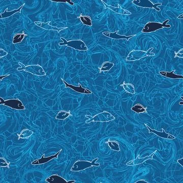 Seamless vector textured pattern with ish swimming in blue ocean Stock Illustration