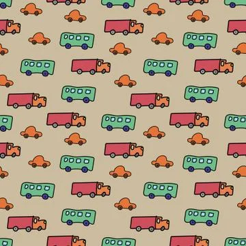 Seamless vector transportation themed vetor pattern with trucks cars and buses Ilustração Stock