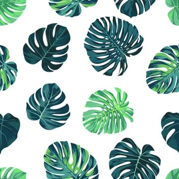 Seamless vector tropical botanical pattern with green monstera palm leaves Illustrazione stock