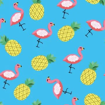 Seamless vector tropical pattern with pineapple and flamingo 스톡 일러스트
