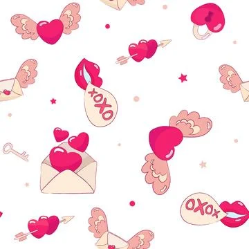 Seamless vector Valentine s Day pattern with hearts, lips, love letters, arrows Stock Illustration