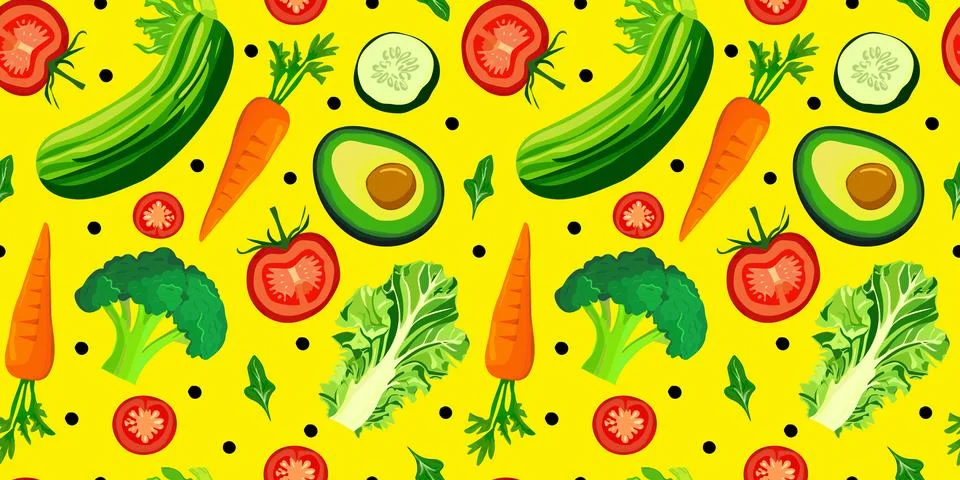 Seamless vector vegetable pattern with avocado, tomatoes, cucumbers, carrot.. Stock Illustration