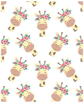 Seamless vector wallpaper for babies. Pattern with giraffes in flower wreaths Stock Illustration