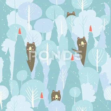 Seamless vector winter forest pattern. Christmas background Stock Illustration