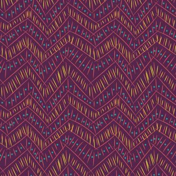 Seamless vector zig zag pattern with doodlelines on purple background Illustrazione stock