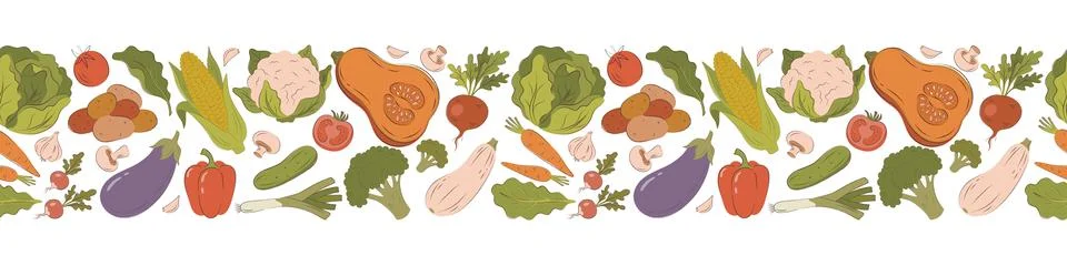 Seamless vegetable border pattern with autumn harvest Stock Illustration