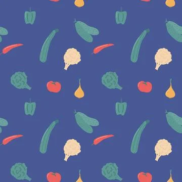 Seamless vegetable pattern with onion, pepper and zucchini. Isolated on blue Stock Illustration