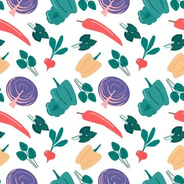 Seamless vegetable pattern with red cabbage, pepper and radish. Isolated vect Stock Illustration