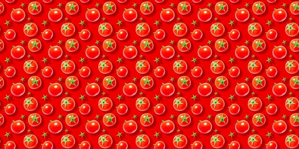 Seamless vegetable pattern of red cherry tomatoes isolated on red background Stock Photos