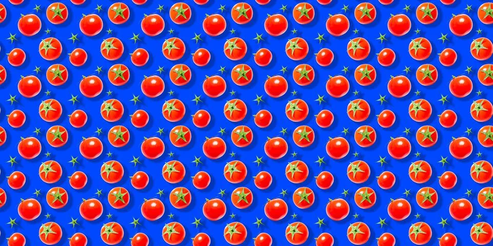 Seamless vegetable pattern of red cherry tomatoes isolated on blue background Stock Photos