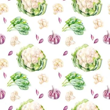 Seamless Vegetables Pattern with Cauliflower, Spinach, Garlic in a watercolor Stock Illustration