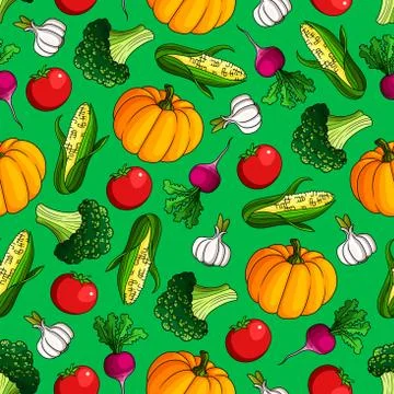 Seamless vegetables pattern on green background Stock Illustration