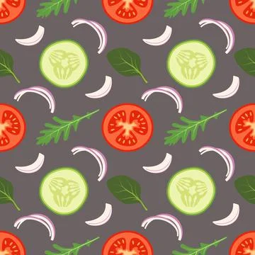 Seamless vegetables pattern with tomatoes, cucumber and leaves of spinach Stock Illustration