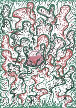 Seamless vegetal pattern of green and red curly stems and herbs Stock Illustration