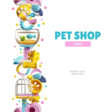 Seamless vertical border with 3D cute pet toys, shop products banner design, zoo Stock Illustration