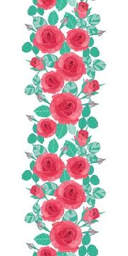 Seamless vertical border with red roses and leaves Stock Illustration