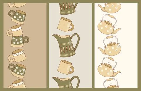 Seamless Vertical Borders with Mismatched Ceramic Kitchenware. Handcrafted .. Stock Illustration