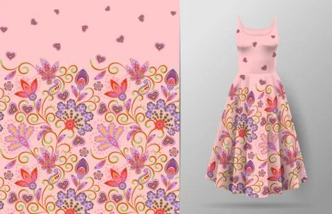 Seamless vertical fantasy flowers pattern. Hand draw floral background on dress Ilustração Stock