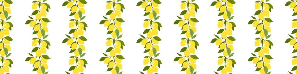 Seamless vertical lemon pattern with yellow citrus fruits, green leaves and.. Stock Illustration