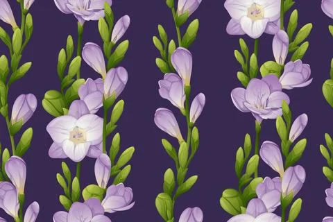 Seamless vertical pattern with purple freesia flowers and green buds. Wallpap Stock Illustration