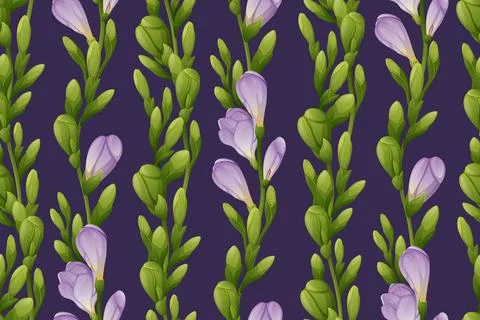 Seamless vertical pattern with purple freesia flowers and green buds. Wallp.. Stock Illustration