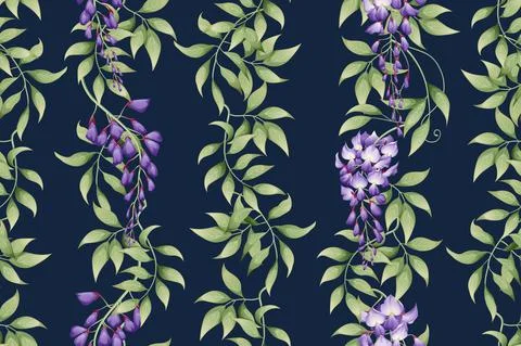 Seamless vertical pattern with purple wisteria and green leaves. Wallpaper, f Stock Illustration