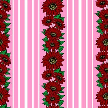 Seamless vertical pattern of stripes and red flowers, texture, background Stock Illustration