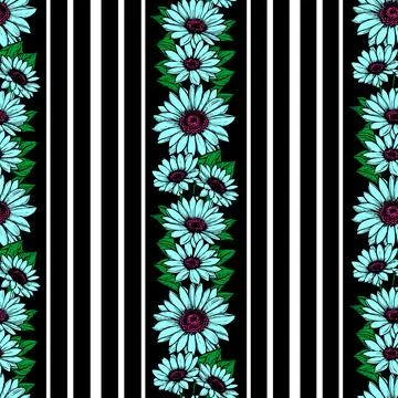 Seamless vertical pattern of stripes and blue flowers, texture, background Stock Illustration