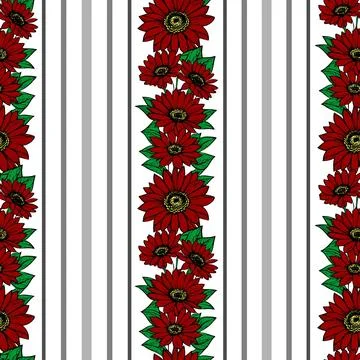 Seamless vertical pattern of stripes and red flowers, texture, background Stock Illustration