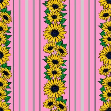 Seamless vertical pattern of stripes and yellow flowers, texture, background Stock Illustration