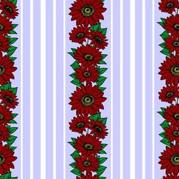 Seamless vertical pattern of stripes and red flowers, texture, background Stock Illustration
