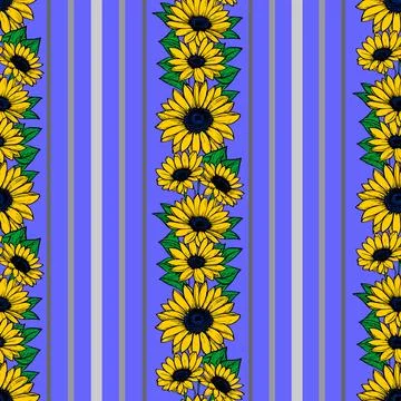Seamless vertical pattern of stripes and yellow flowers, texture, background Stock Illustration