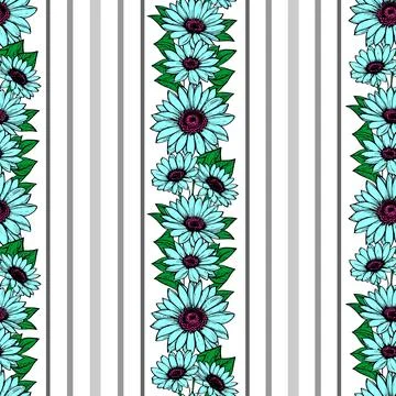 Seamless vertical pattern of stripes and blue flowers, texture, background Stock Illustration