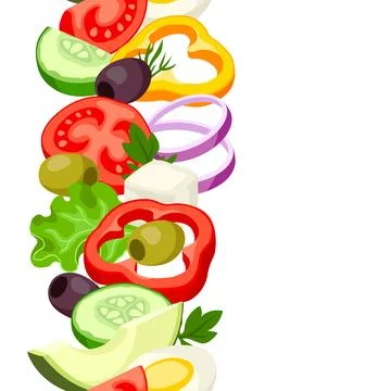 Seamless vertical pattern with vegetables. Fresh products for Greek salad. Me Stock Illustration