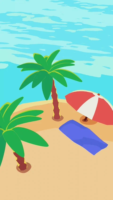 Seamless Vertical Tropical Beach Animation with Palm Trees and Waves Stock Footage 344014041