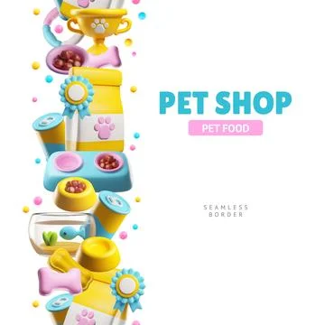Seamless vertical vector border with 3D cute pet food shop, cartoon feed pet 스톡 일러스트