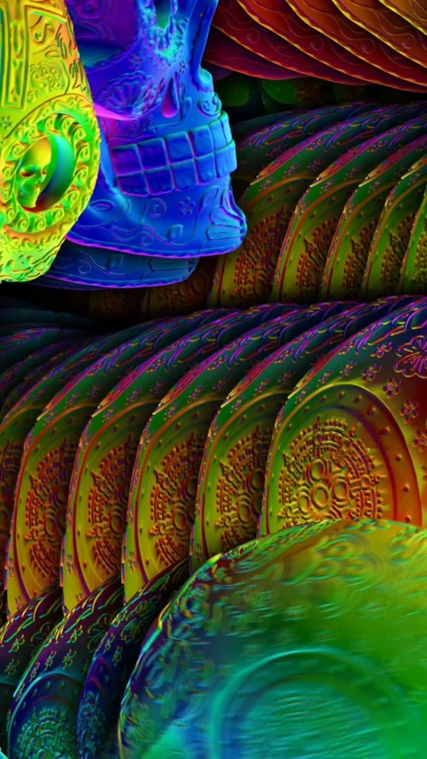 Seamless vertical video animation of rainbow glowing skulls. Cool Halloween Stock-Footage 317185166