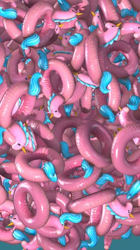 Seamless vertical video of a bunch of bouncing unicorn ring inflatables. Funny Видео 340466377