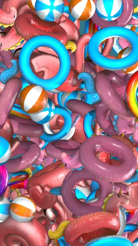 Seamless vertical video of a bunch of bouncing rainbow inflatable rings. Funny Видео 340468322