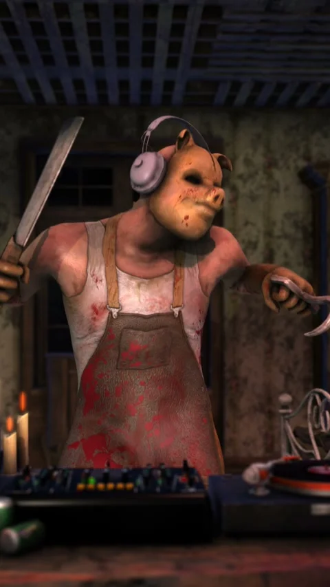 Seamless vertical video of butcher psycho killer djing with turntables in a Video stock 312702806