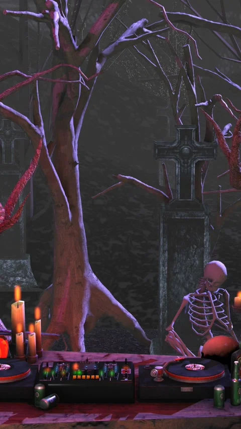 Seamless vertical video of a DJ booth and drunk skeletons in a cemetery at Video stock 319840132