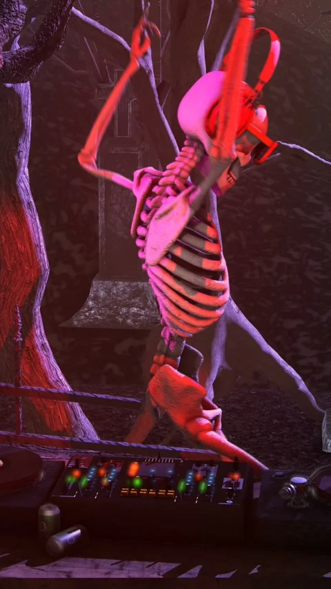 Seamless vertical video of a DJ skeleton and skeletons dancers in a cemetery at 스톡 동영상 319841521