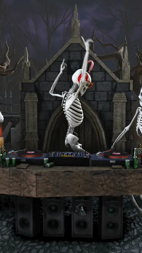 Seamless vertical video of a DJ skeleton and skeletons dancers in a cemetery at 動画素材 336927417