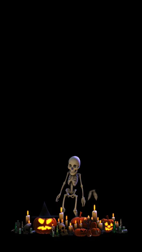 Seamless vertical video of a drunk skeleton with beers bottles,a bat, candles Stock Footage 320252654