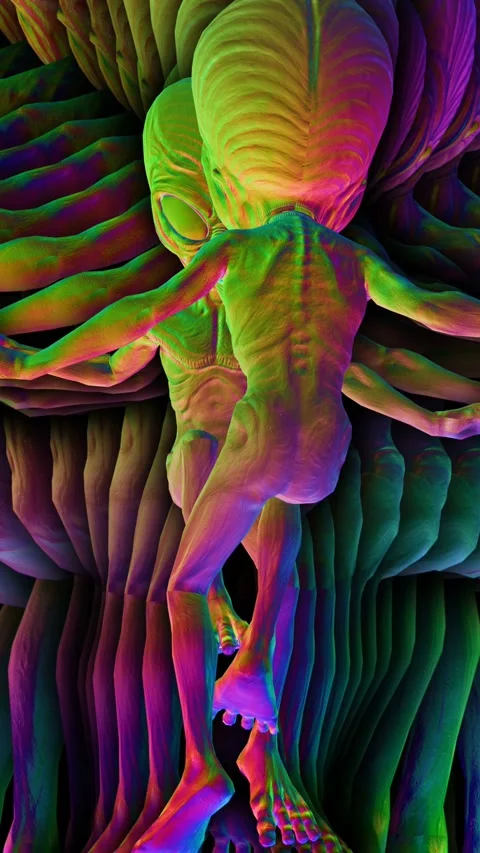 Seamless vertical video loopable animation of rainbow aliens floating in space Stock-Footage 318708719