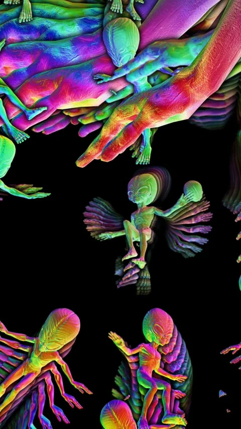 Seamless vertical video loopable animation of a group metallic iridescent aliens Stockbeeldmateriaal 319299099